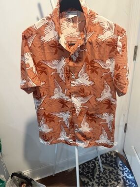 Men's Short-Sleeve Crane Print Shirt - Rust/White